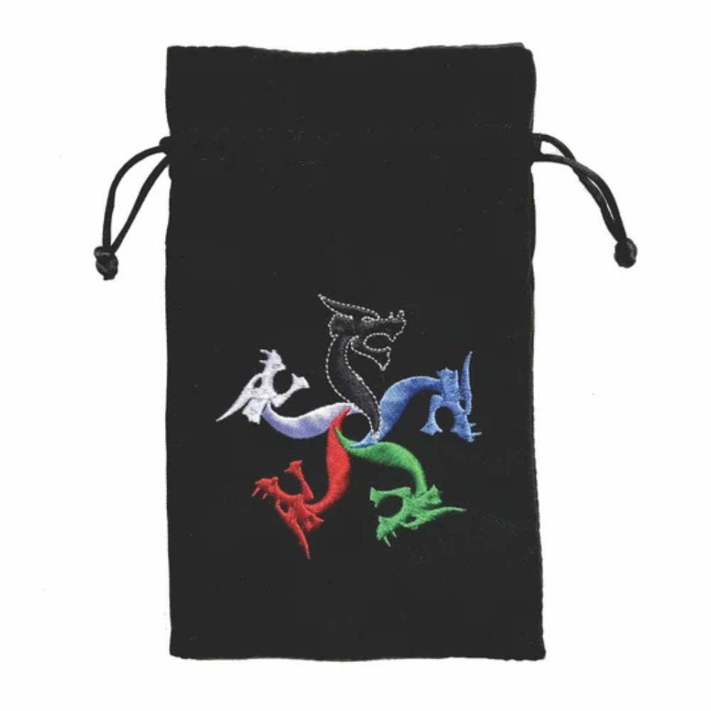 Black velvet tiamat dice bag with embroidered white blue red and green dragons and drawstring closure