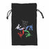 Black velvet tiamat dice bag with embroidered white blue red and green dragons and drawstring closure