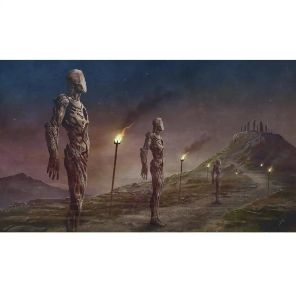Time by jason engle playmat featuring stone statues with weathered skeletal forms along a twilight path