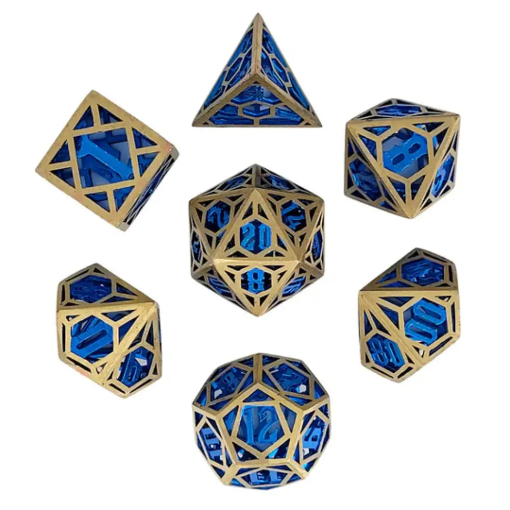 Time Traveler Hollow Metal Polyhedral (D&D) Dice Set (7) - Gold w/Blue - Dice & Dice Supplies
