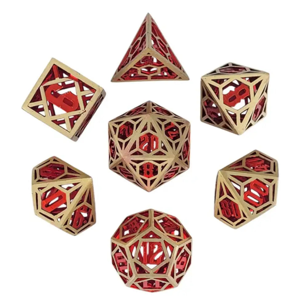 Time Traveler Hollow Metal Polyhedral (D&D) Dice Set (7) - Gold w/Red - Dice & Dice Supplies
