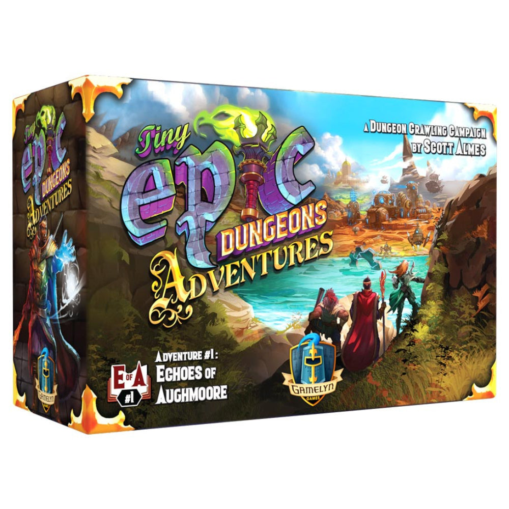 The box for tiny epic dungeons adventures board game features vibrant fantasy artwork with adventurers and a castle