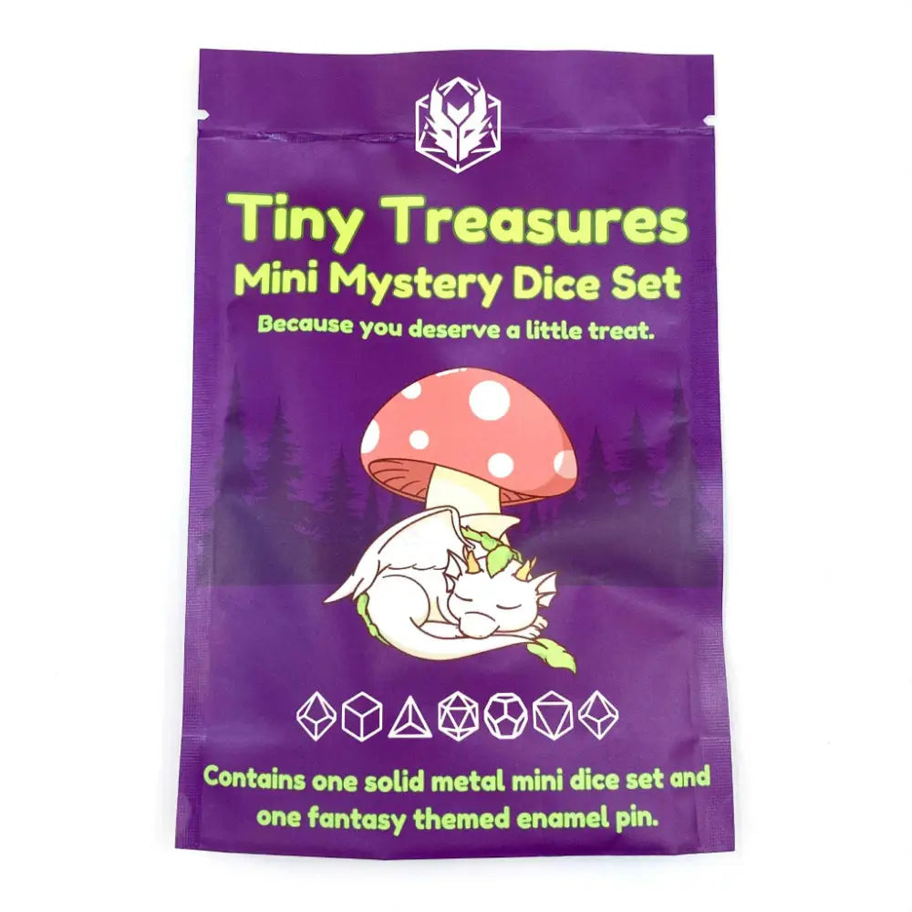 Tiny Treasures Mystery Mini Metal Polyhedral (D&D) Dice Set (7) + Enamel Pin - Dice & Dice Supplies