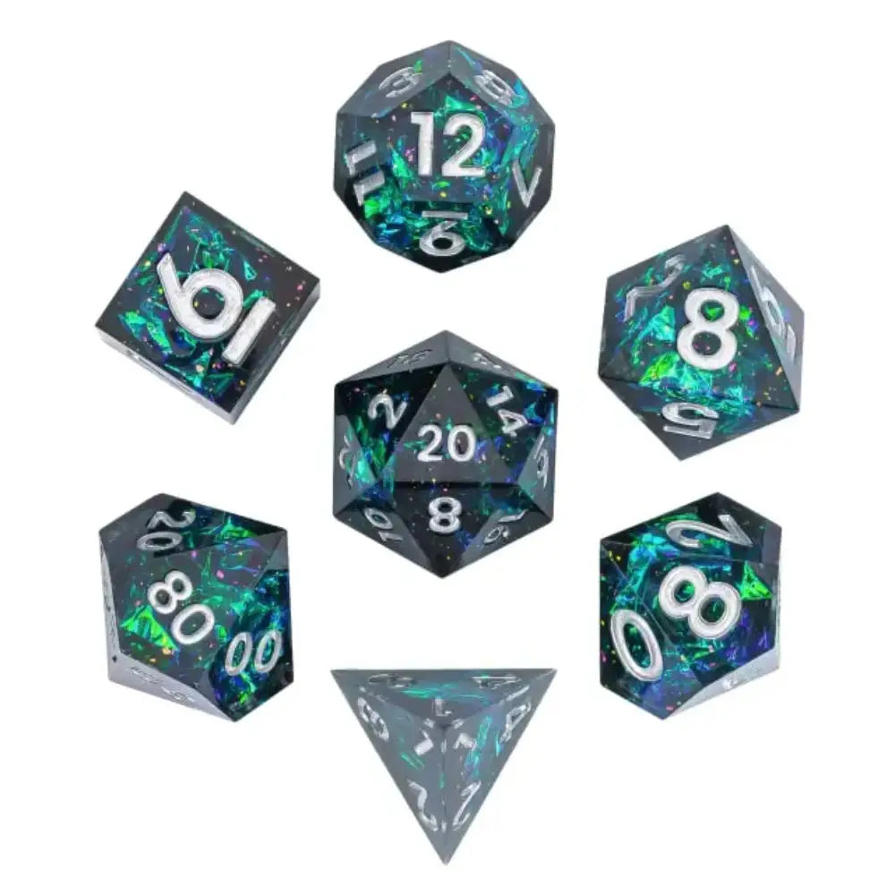 Transparent Galaxy With Reflective Paper Sharp-Edge Polyhedral (D&D) Dice Set (7) - Dice & Dice Supplies