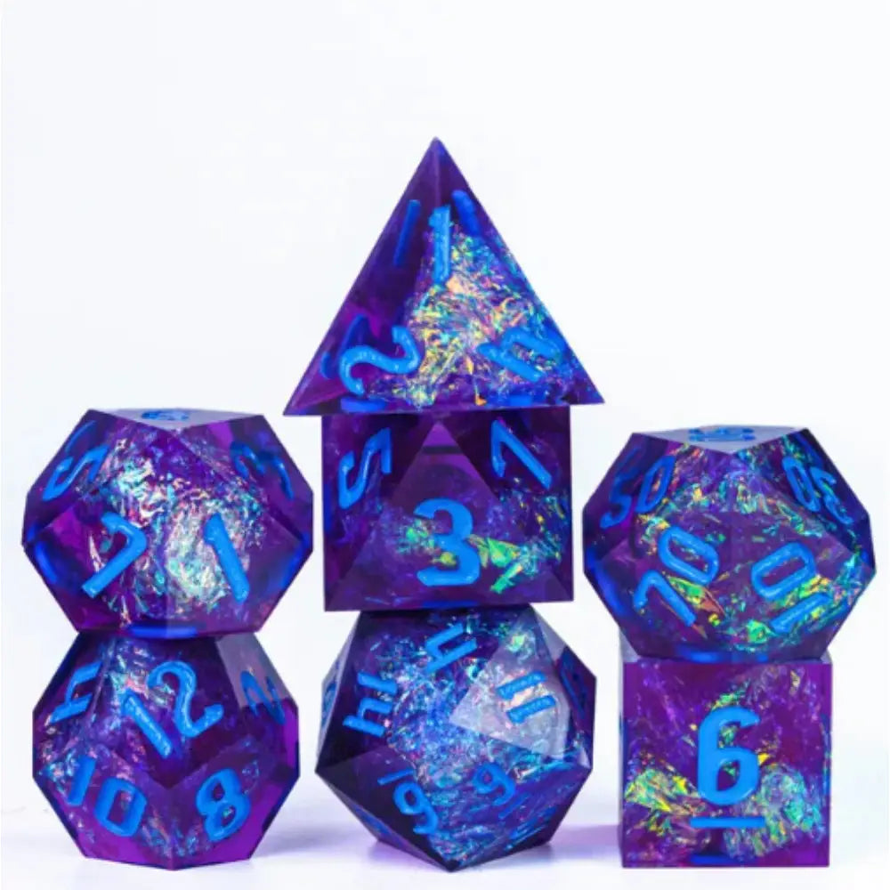 Transparent Indigo With Reflective Paper Sharp-Edge Polyhedral (D&D) Dice Set (7) - Dice & Dice Supplies