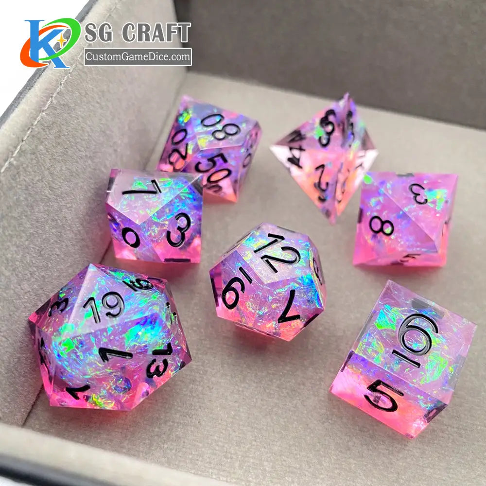 Transparent Pink With Reflective Paper Sharp-Edge Polyhedral (D&D) Dice Set (7) - Dice & Dice Supplies