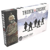 The box for trench crusade prussian yeoman miniature set features a german soldier in khaki uniform with red trim