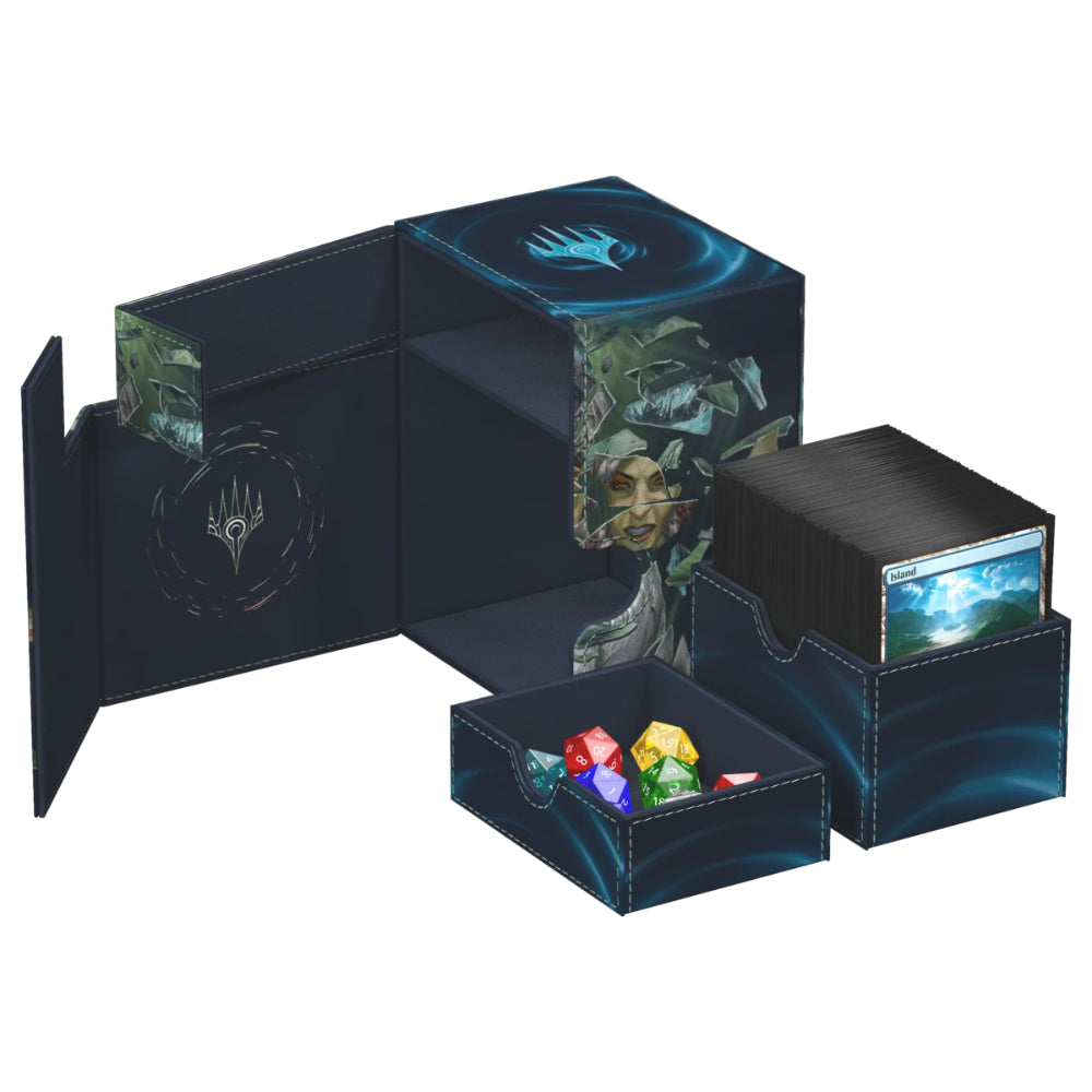 Dark blue textured card storage set with fantasy illustration and stitched edges ultimate guard flipntray 133+ reality fracture
