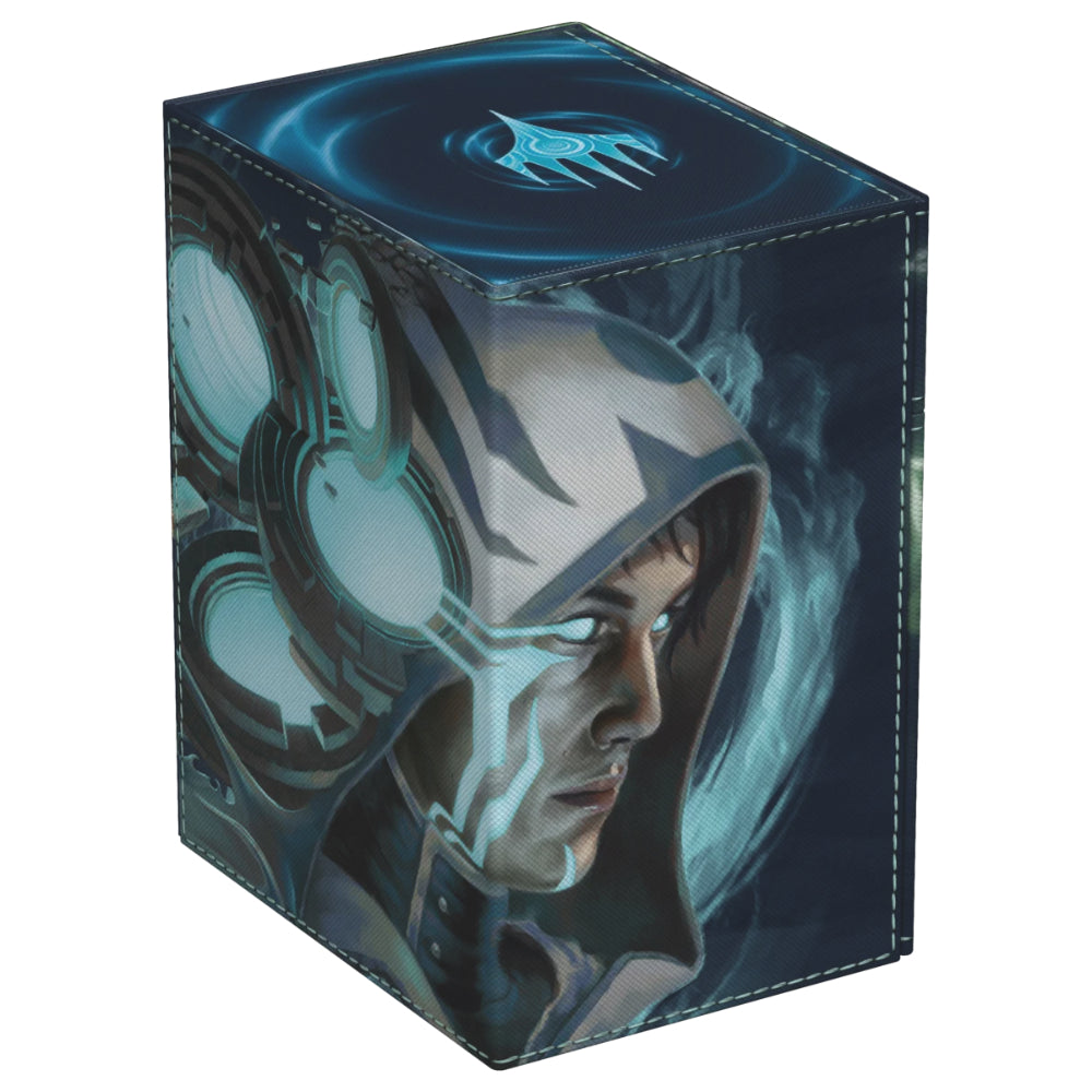 Dark blue cube-shaped ultimate guard flipntray 133+ deck box with hooded figure illustration and white stitching accents