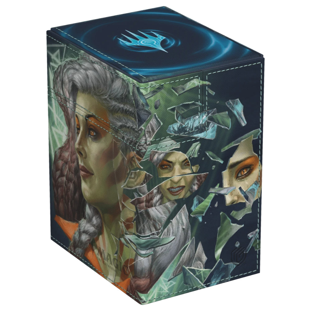 Dark blue ultimate guard flipntray 133+ deck box with fragmented faces silver hair orange eyes and magic the gathering logo