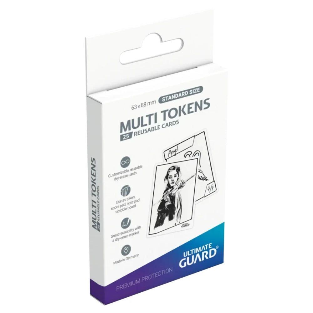 White and purple ultimate guard multi-tokens packaging with 25 reusable dry-erase white cards for gaming use