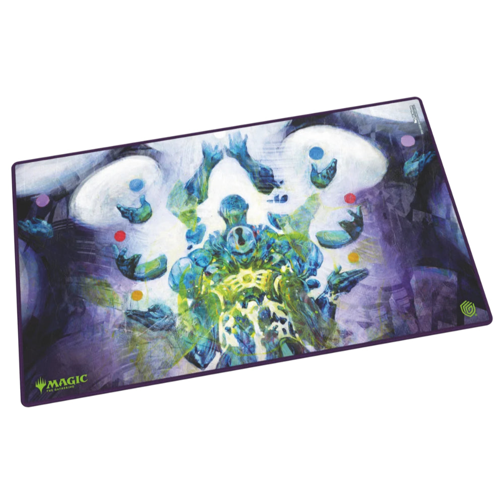 Ultimate guard playmat reality fracture featuring vibrant green and blue armored figures with floating orbs on purple background