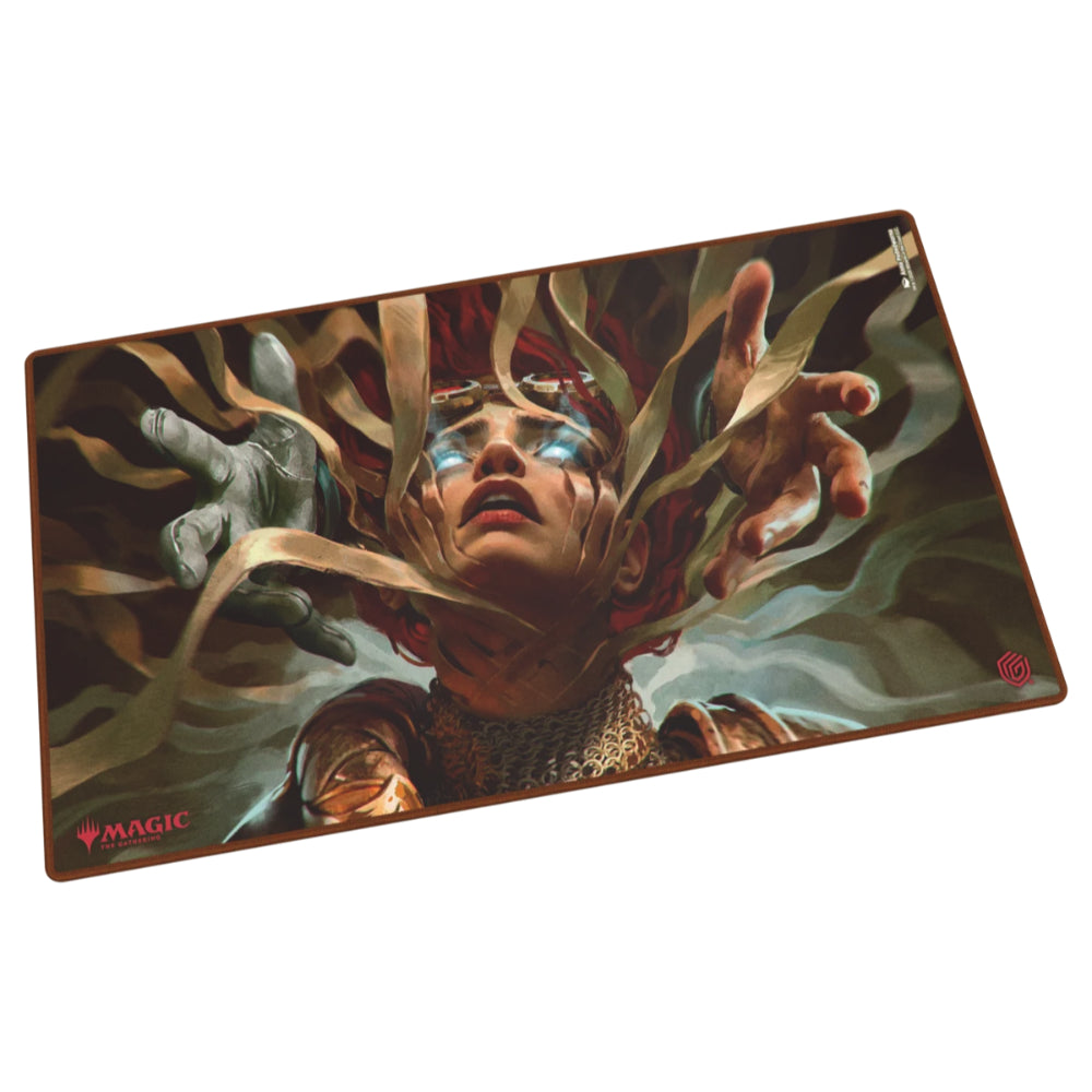 Ultimate guard playmat reality fracture featuring a rectangular design with a character with blue eyes and golden tendrils