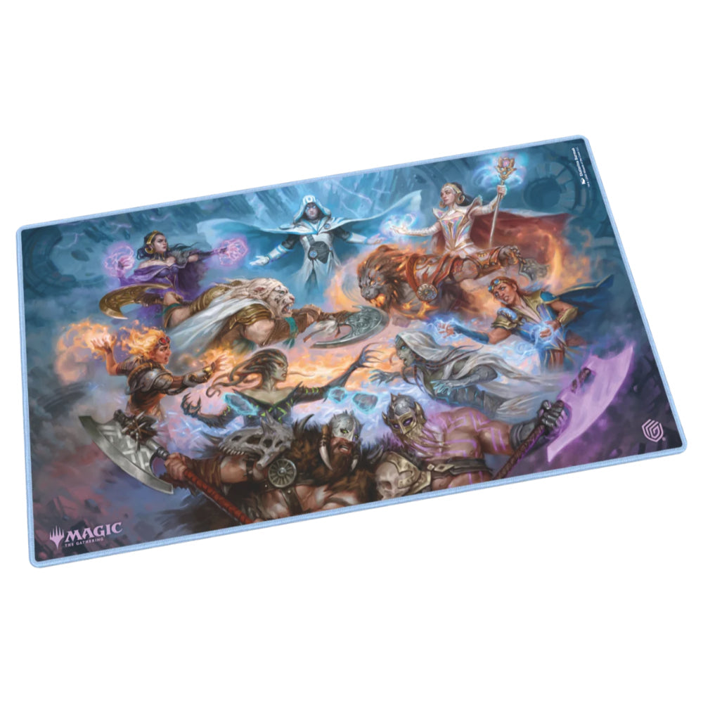 A rectangular Ultimate Guard playmat featuring vibrant fantasy characters in battle with detailed colorful artwork