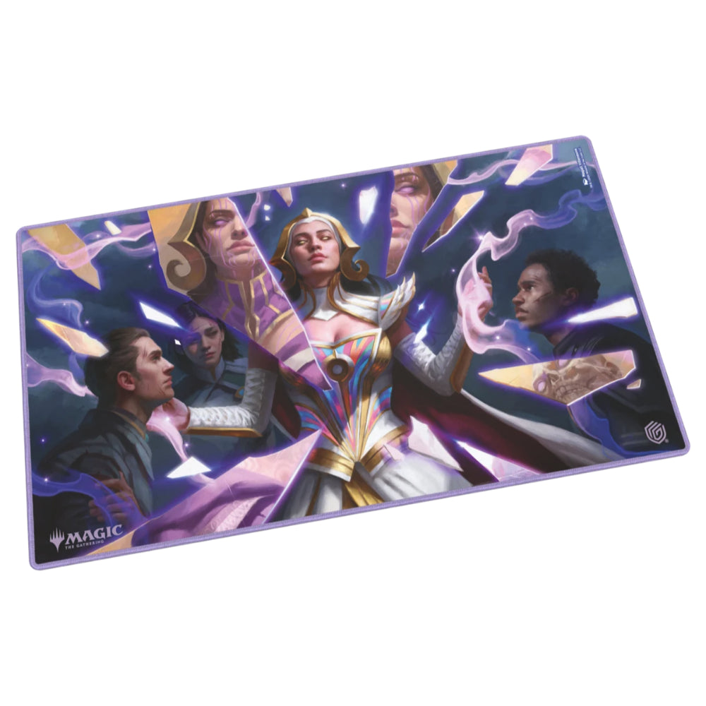Ultimate guard glossy rectangular magic the gathering playmat with vibrant characters on cosmic purple and gold background
