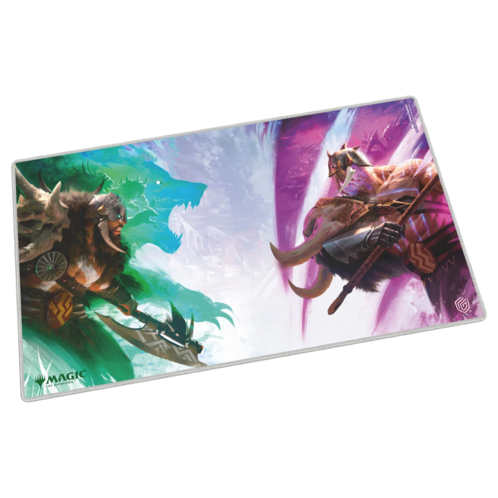 A rectangular transparent Ultimate Guard playmat with vibrant green and purple artwork of fantasy warriors in battle