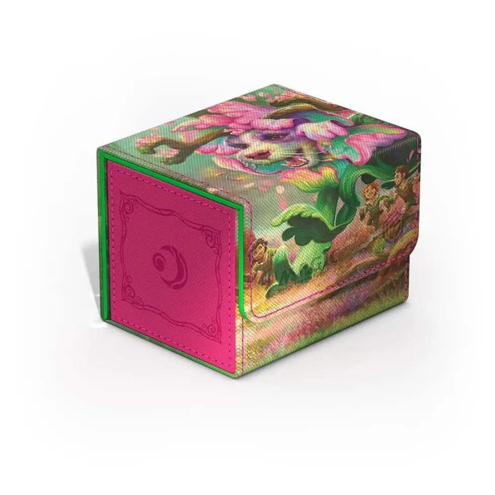 Vibrant pink and green Ultimate Guard Sidewinder 100 Xenoskin deckbox featuring fantasy characters among flowers