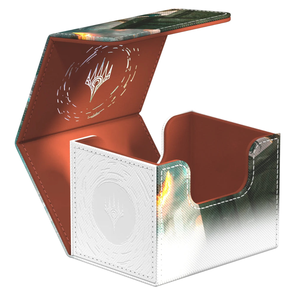 White and silver metallic ultimate guard sidewinder 100 plus deck box with fiery fantasy ajani counterattack leader design