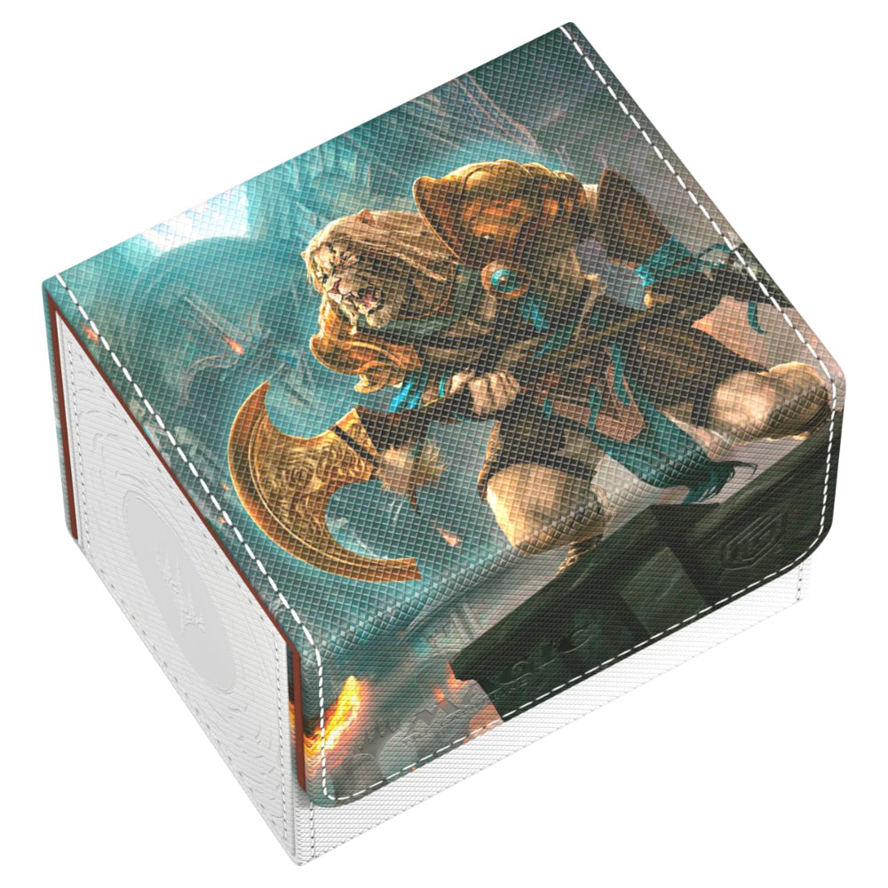 Ultimate guard sidewinder 100 plus reality fracture card holder with golden armored warrior illustration on teal orange background