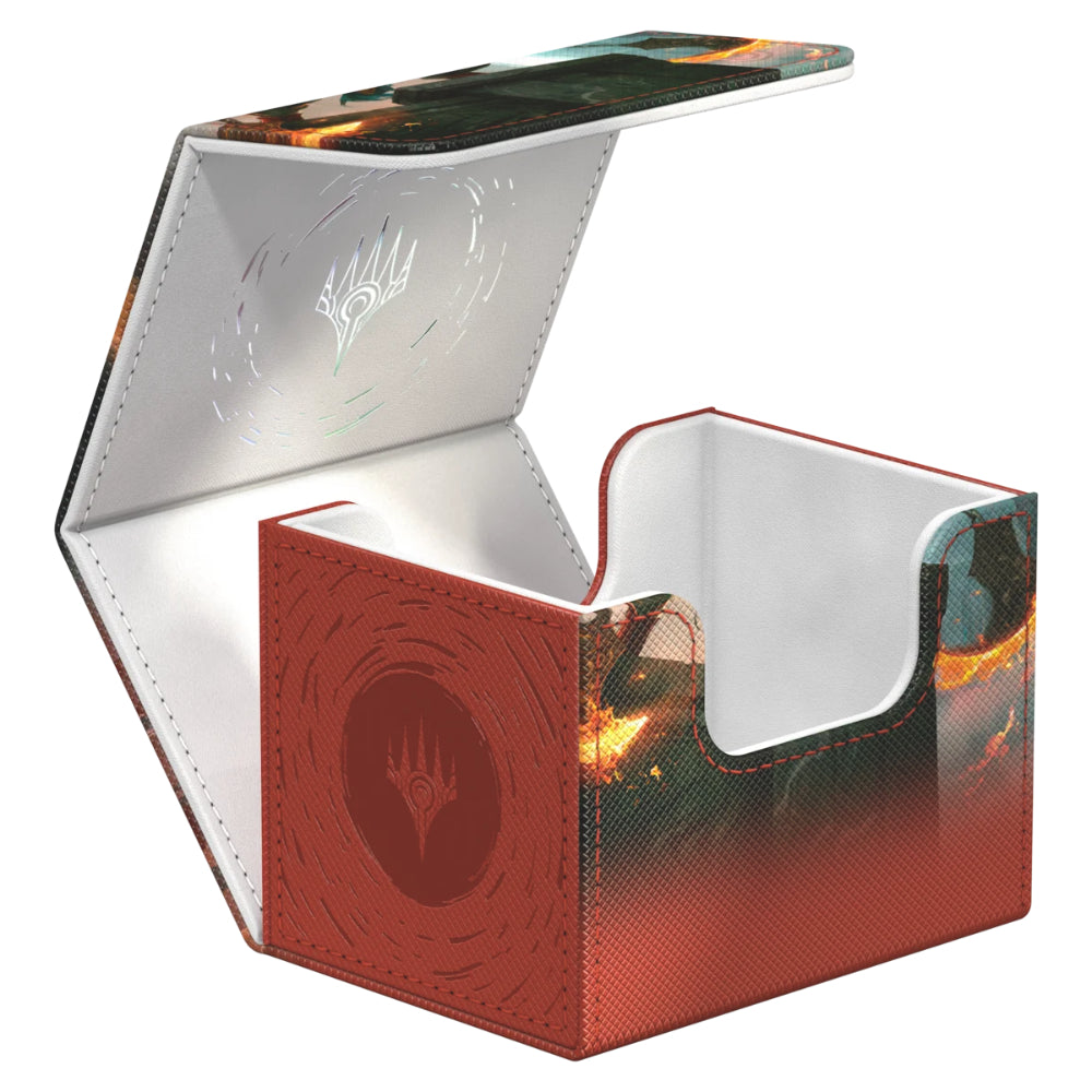 Red and black ultimate guard sidewinder 100 plus reality fracture card storage box with textured surface and embossed logo