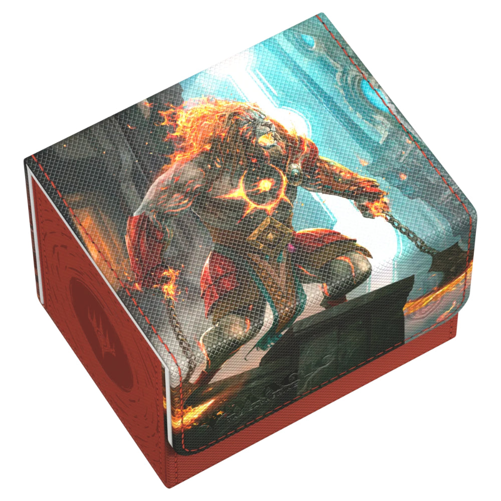 Red leather-like Ultimate Guard Sidewinder 100+ card holder featuring fiery armored warrior wielding chains illustration