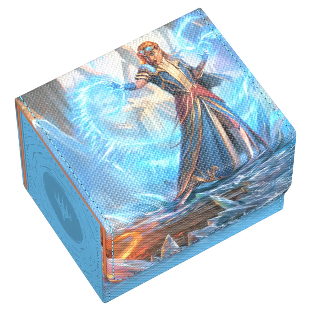 Blue textured card storage box with dynamic fantasy illustration of mage casting blue energy from ultimate guard sidewinder 100+