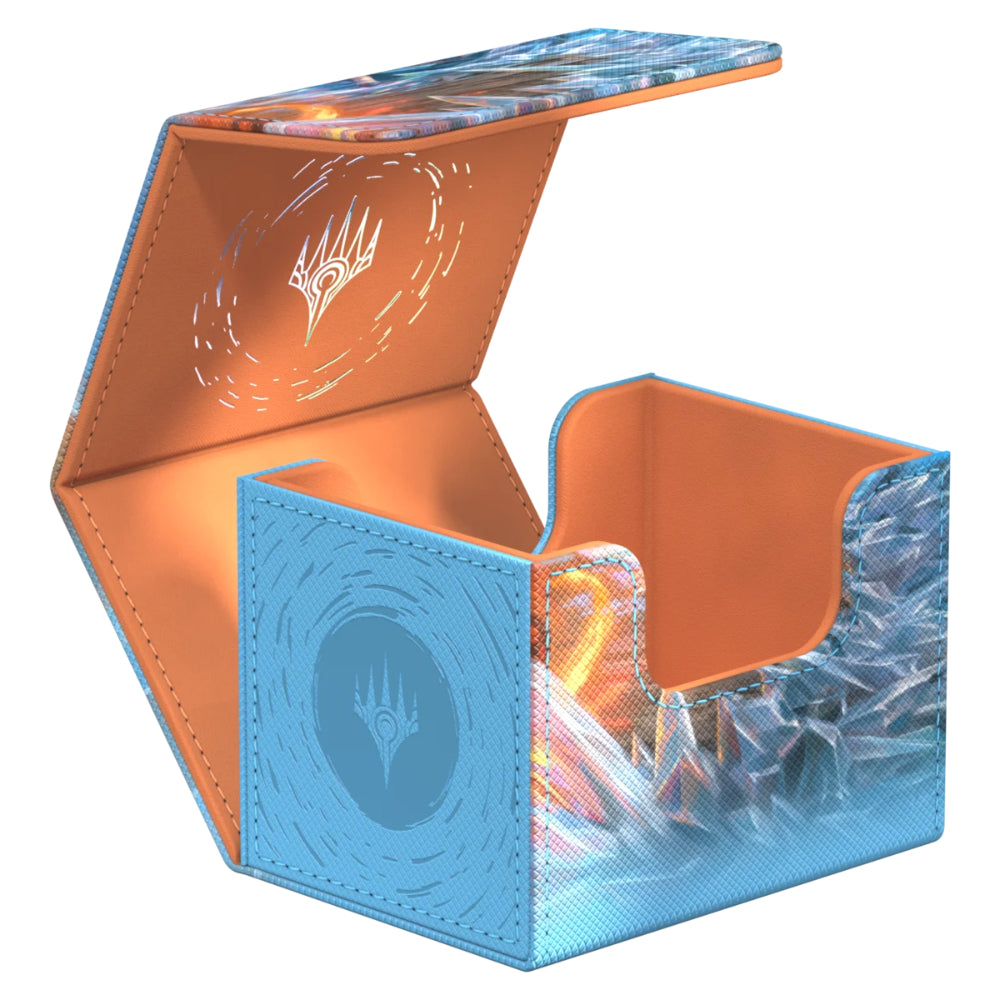 Blue and orange Ultimate Guard Sidewinder 100 plus card storage box with frost-themed Reality Fracture Chandra design