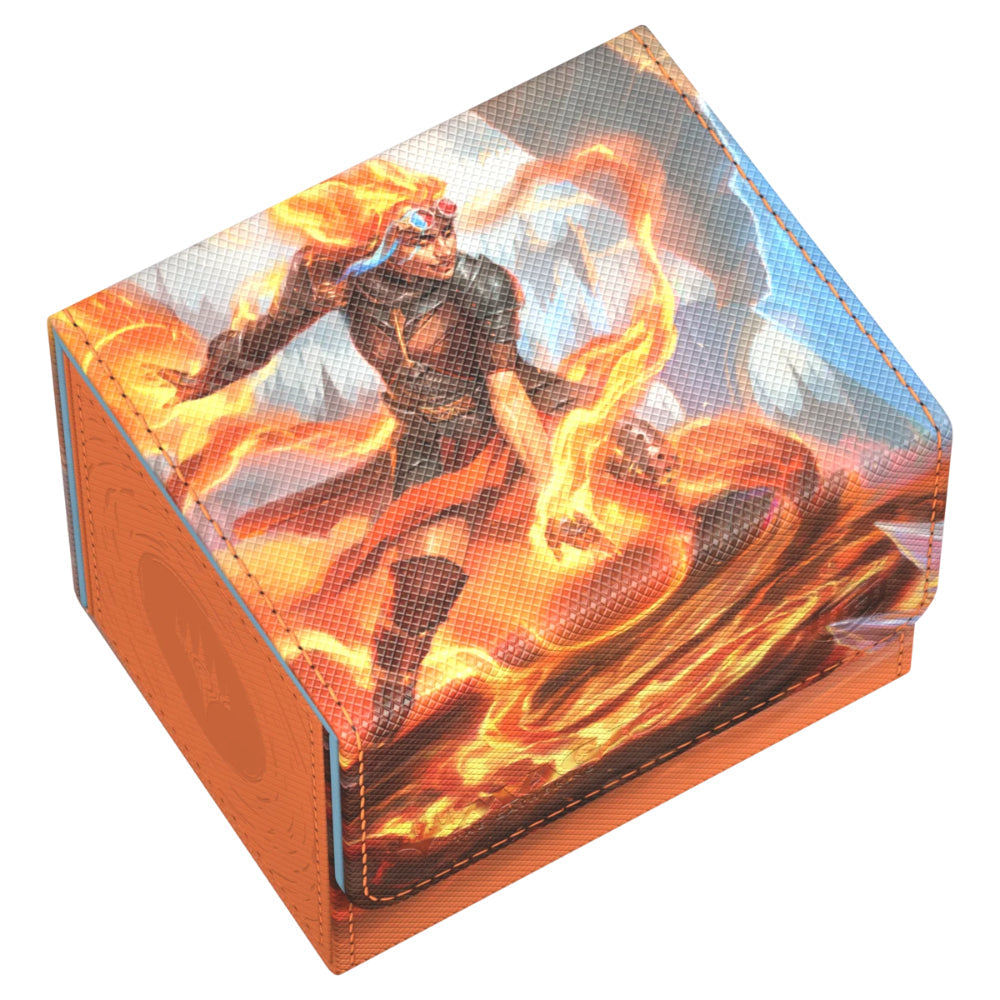 Orange leather-bound deckbox cube featuring fiery chandra torch of defiance illustration ultimate guard reality fracture