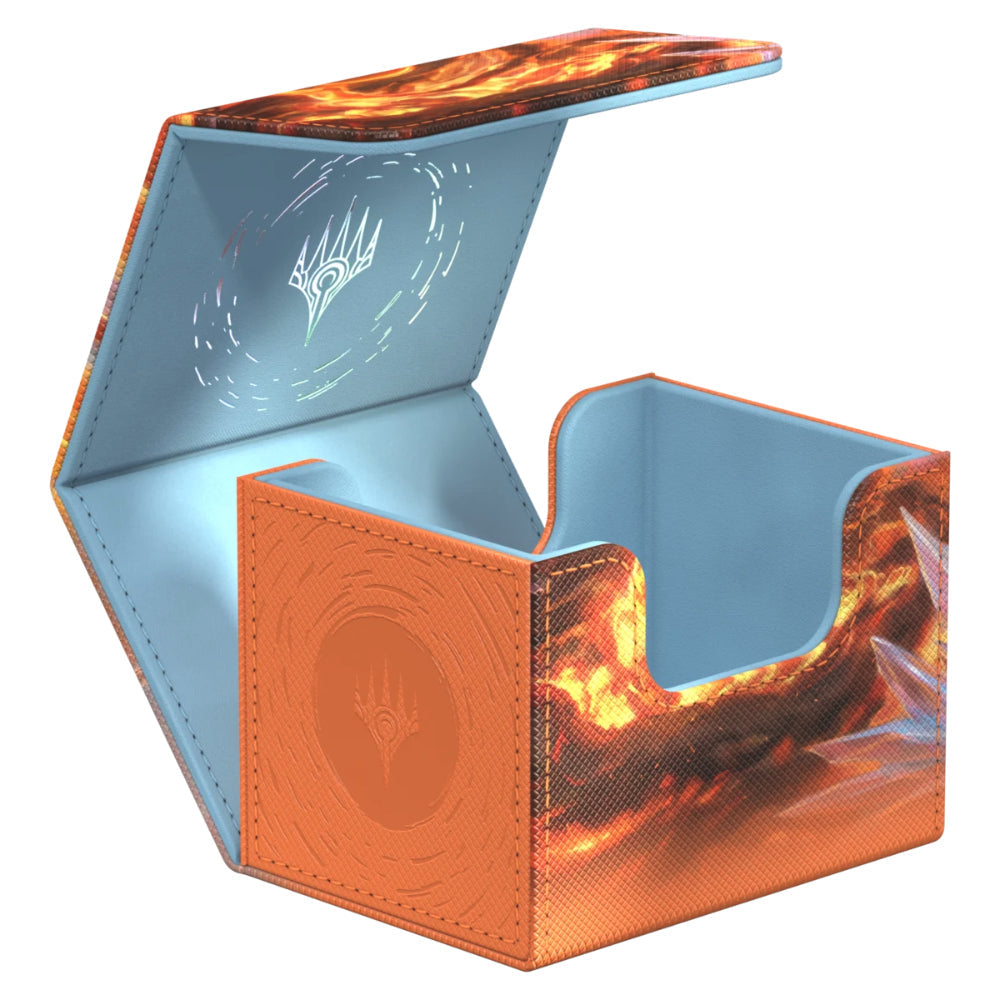 Ultimate guard reality fracture sidewinder 100+ deckbox with embossed logo and orange blue flame design front panel