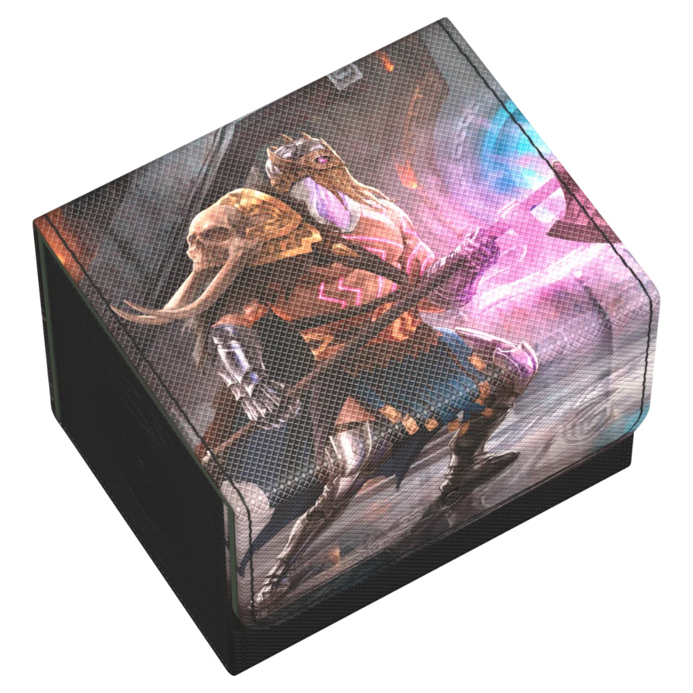 Black rectangular Ultimate Guard Sidewinder 100 plus Xenoskin deckbox featuring vibrant fantasy warrior illustration