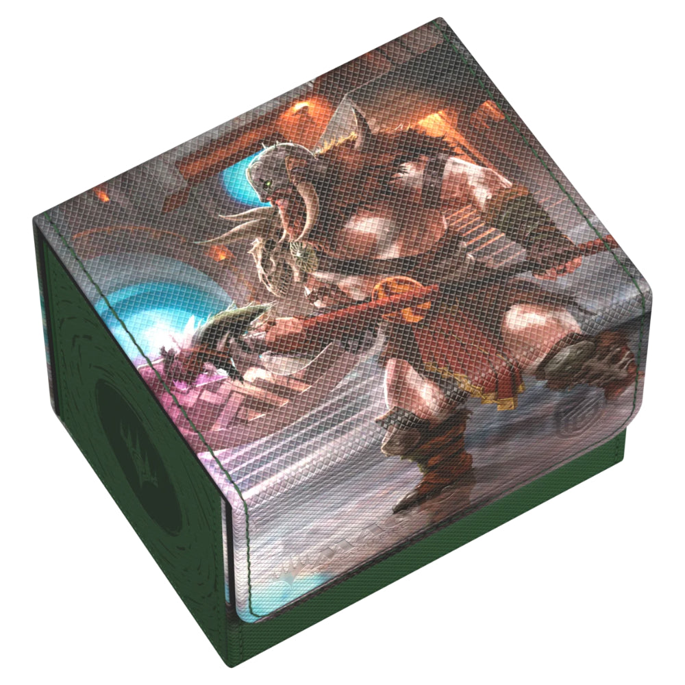 Dark green ultimate guard sidewinder 100+ xenoskin deckbox featuring muscular warrior garruk with glowing energy effects