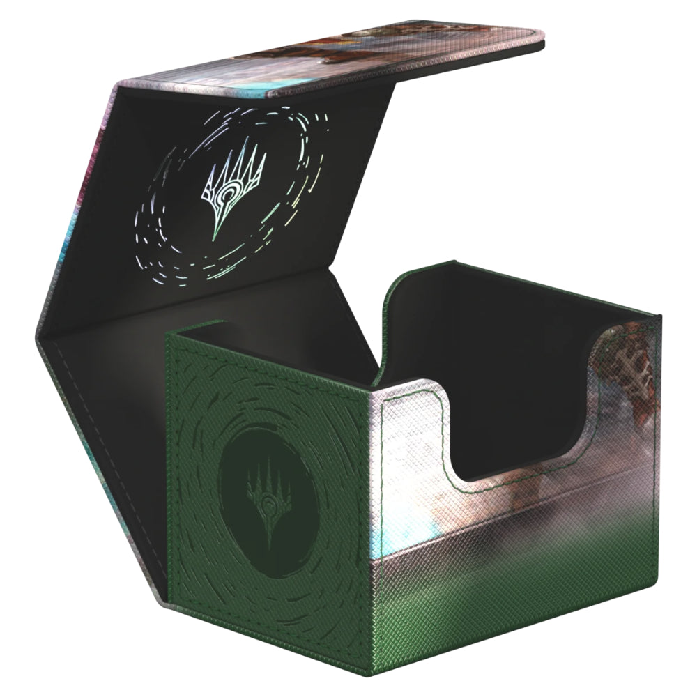 Ultimate guard sidewinder 100+ xenoskin deckbox mtg reality fracture garruk uncursed green silver textured card holder with magic the gathering logo and black interior