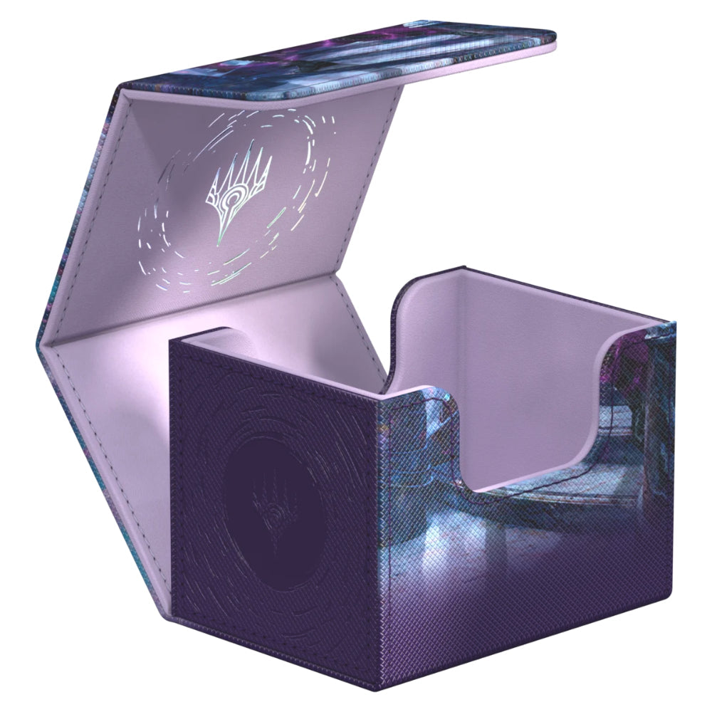 Ultimate Guard Sidewinder 100 plus Xenoskin deckbox in purple and blue iridescent with stylized crown logo interior lid