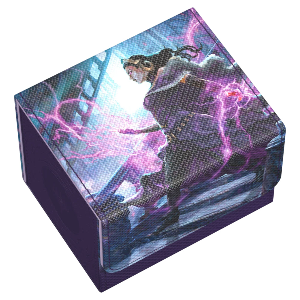 Purple rectangular ultimate guard sidewinder 100 plus xenoskin deckbox with vibrant liliana callous necromancer design