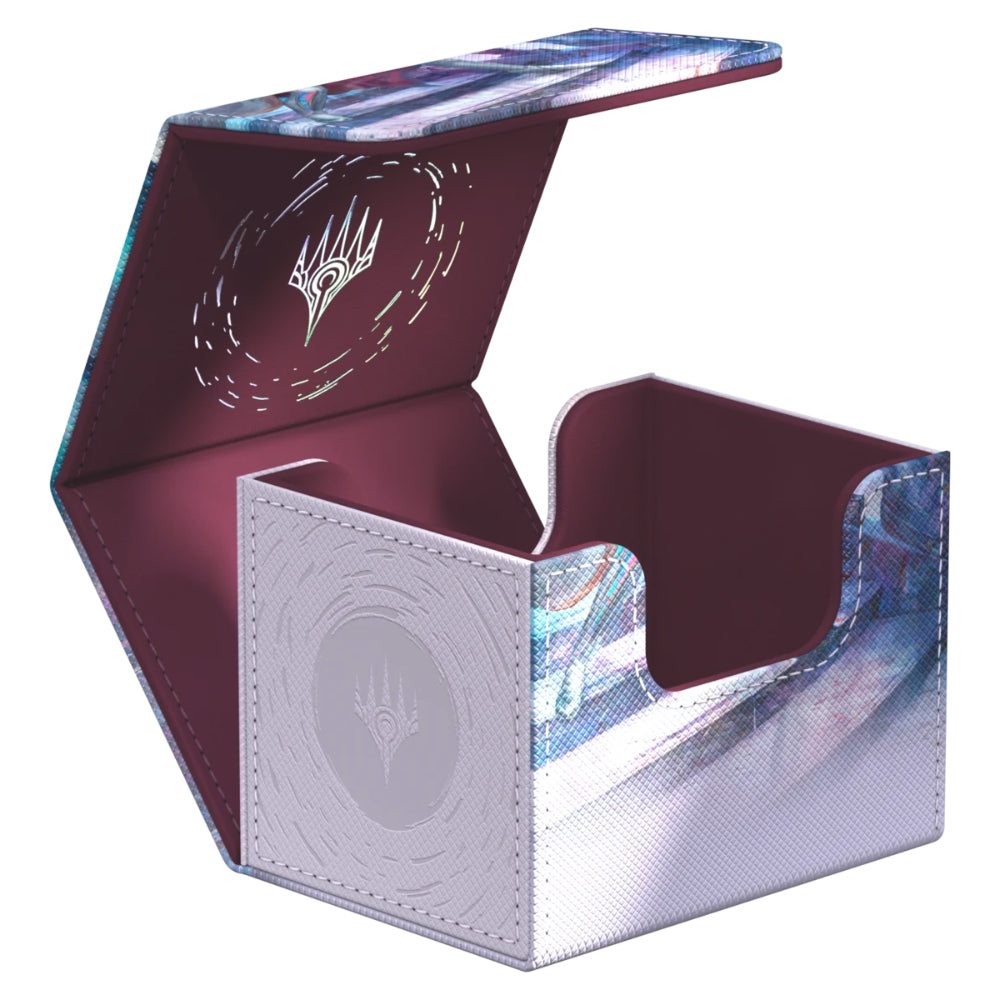 Silver and iridescent holographic ultimate guard sidewinder 100 plus deck box with maroon interior lining