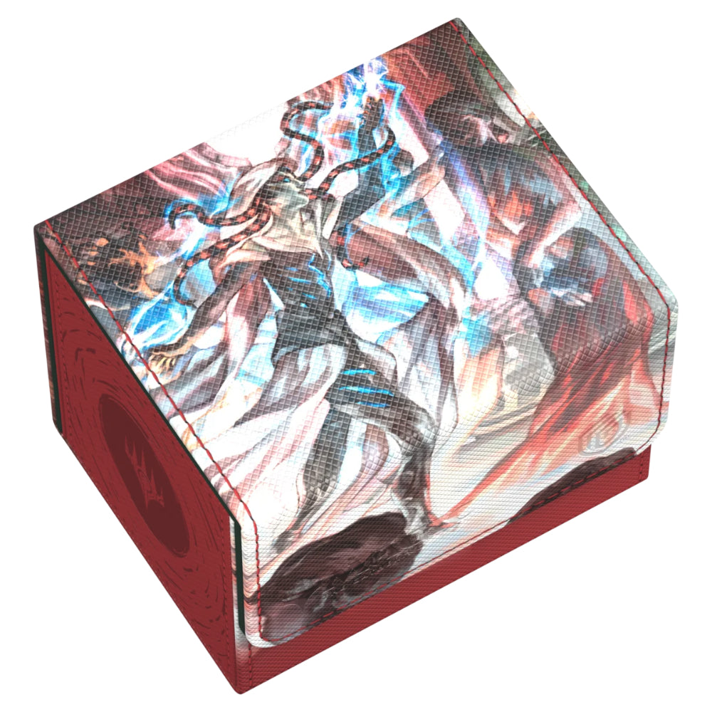 Red rectangular Ultimate Guard Sidewinder 100 plus card holder featuring vibrant anime-style Vraska illustration with blue energy effects