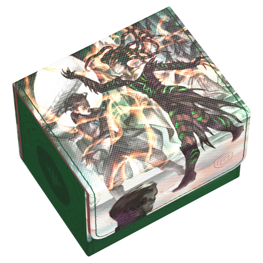 Green leather-like ultimate guard sidewinder 100 plus card storage box with dynamic anime combat illustration
