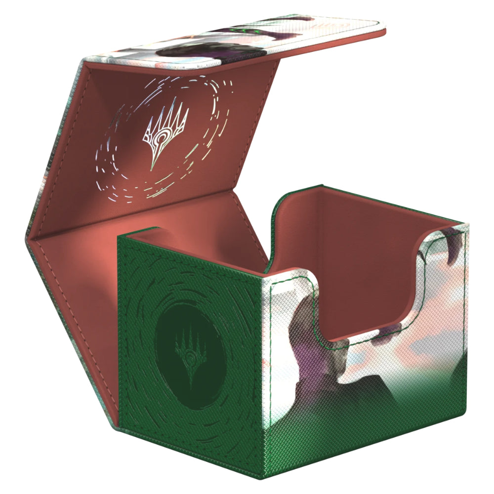 Ultimate guard sidewinder 100 plus reality fracture Vraska card storage box in green and white camouflage with red interior