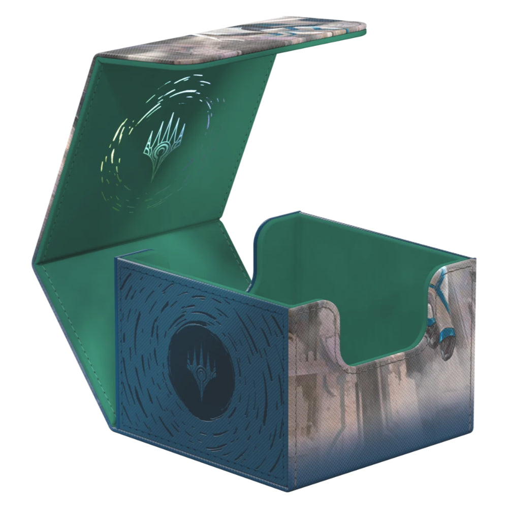 Ultimate guard sidewinder 133 plus reality fracture card storage box in teal and blue with castle design and open lid interior