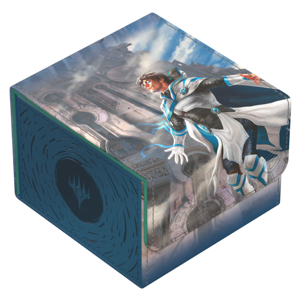 Blue and white illustrated card storage box featuring fantasy character design from Ultimate Guard Sidewinder 133+ Reality Fracture Jace Building Reality