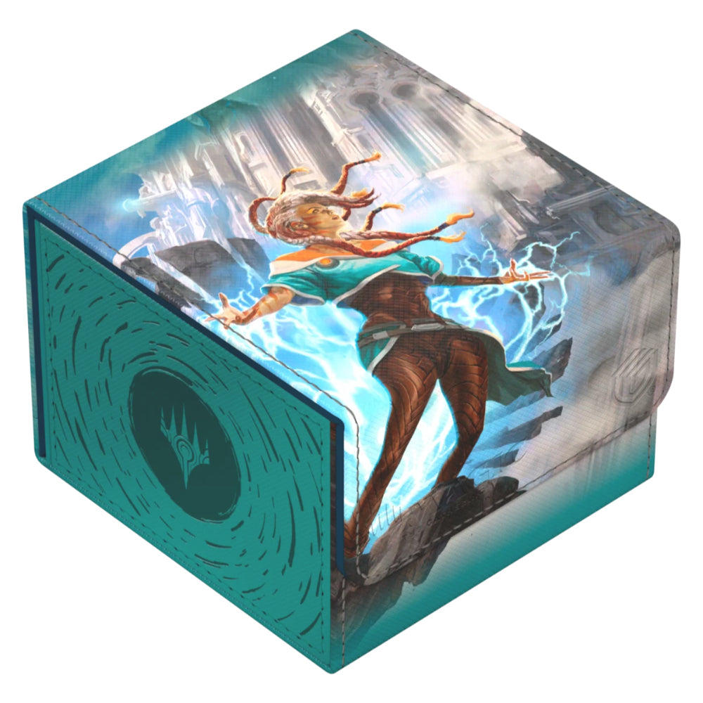 Teal and black leather-bound cube deck box featuring tam beleren with lightning effects for card storage