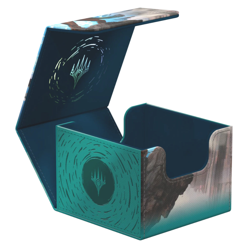 Teal and gray ultimate guard sidewinder 133 plus reality fracture card storage box with stylized hand logo on front