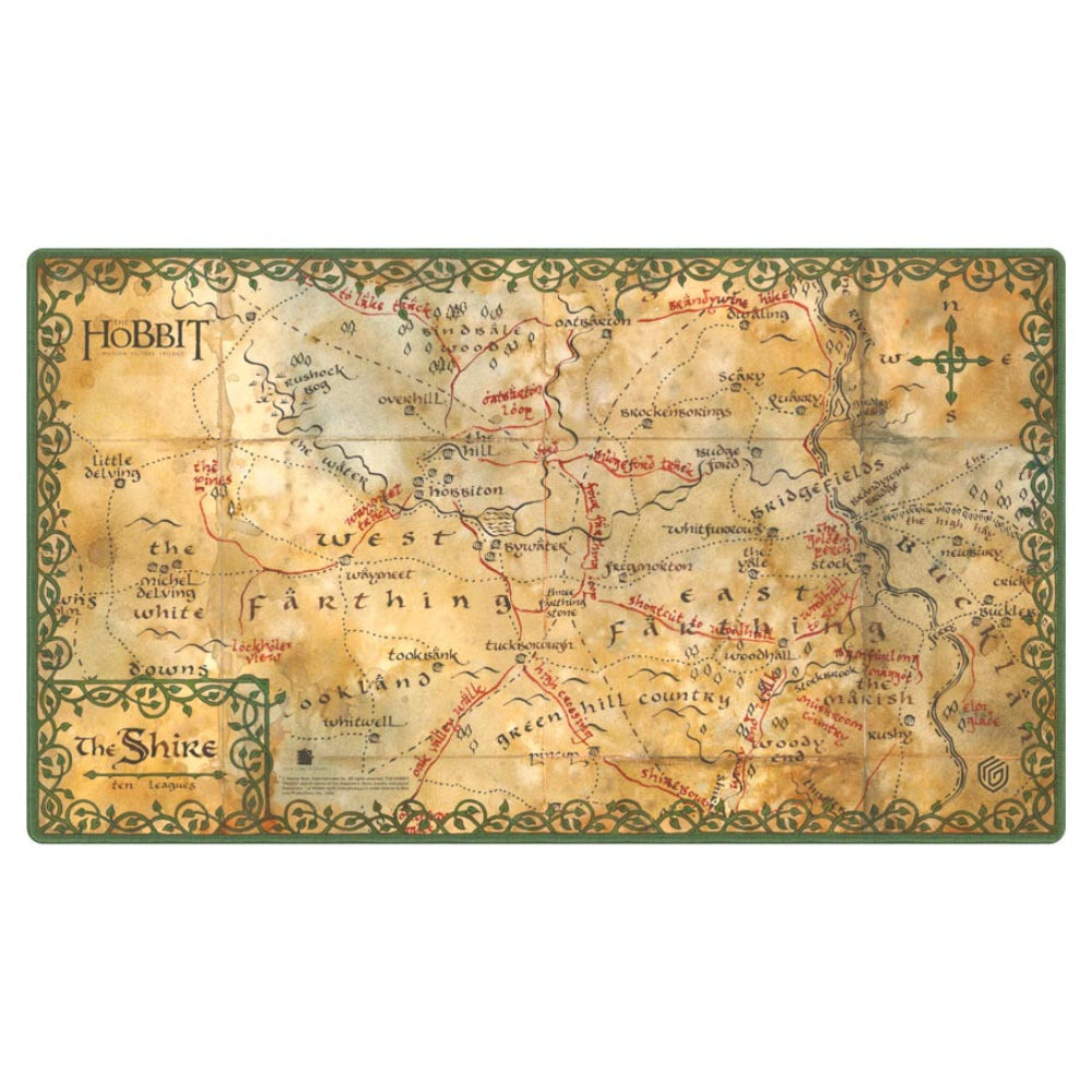 Vintage-style rectangular playmat featuring a detailed shire map from the hobbit with parchment tones and green borders