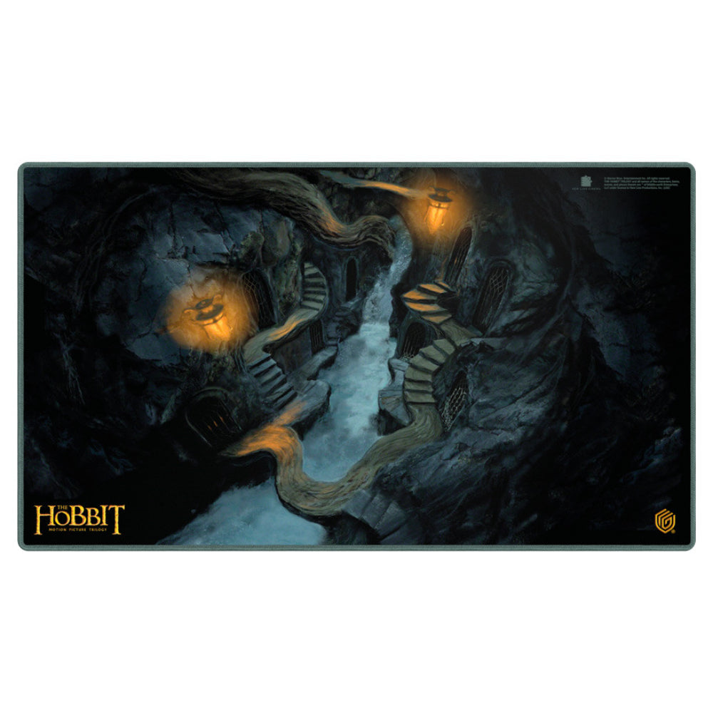 Dark-themed ultimate guard hobbit playmat featuring detailed mines of moria illustration with glowing lanterns