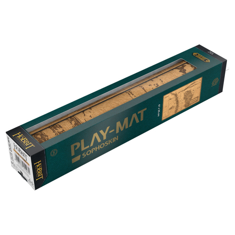 A dark green rectangular box with gold lettering and clear window containing an unrolled hobbit wilderland map sophoskin playmat