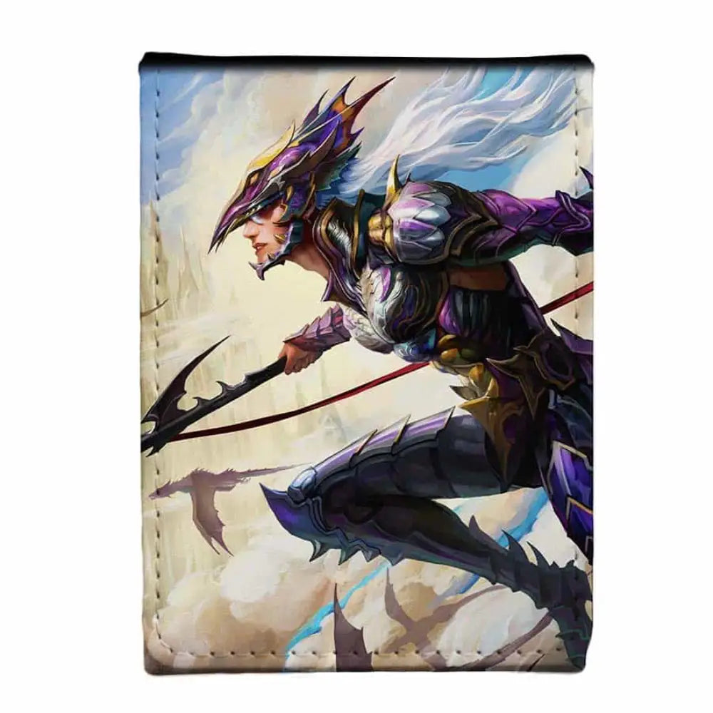 Ultra pro alcove flip premium deck box featuring a purple and gold armored warrior with white hair on a rectangular wallet design