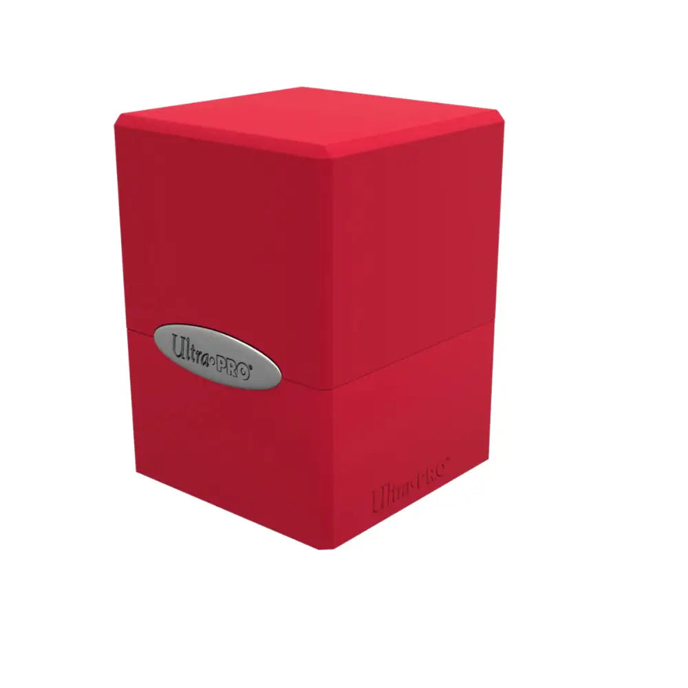 Red ultra pro satin deck box featuring a silver oval logo on the front for secure card storage