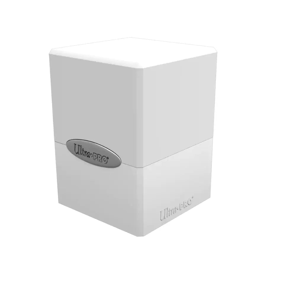 White ultra pro satin deck box with sleek minimalist design and silver logo accents for card storage
