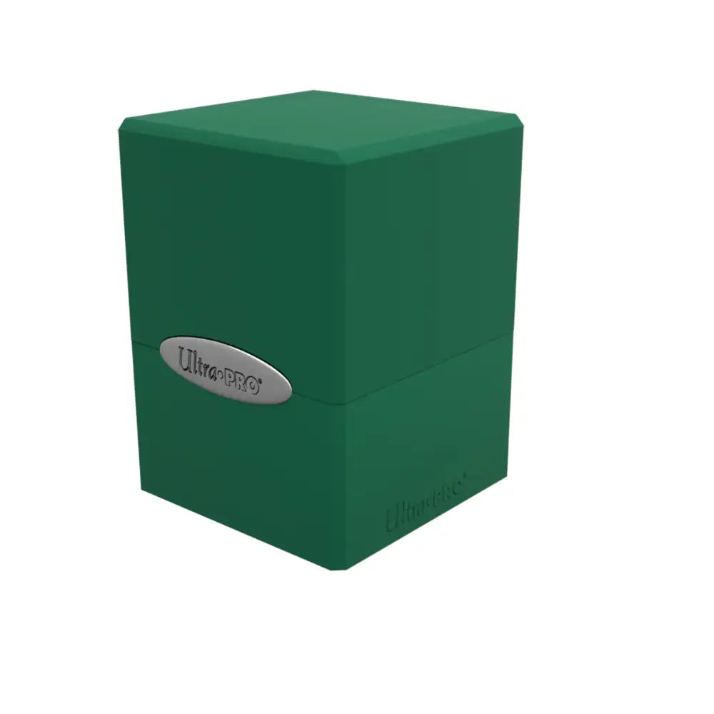 Green ultra pro satin deck box with a silver logo plaque designed for secure card storage and protection
