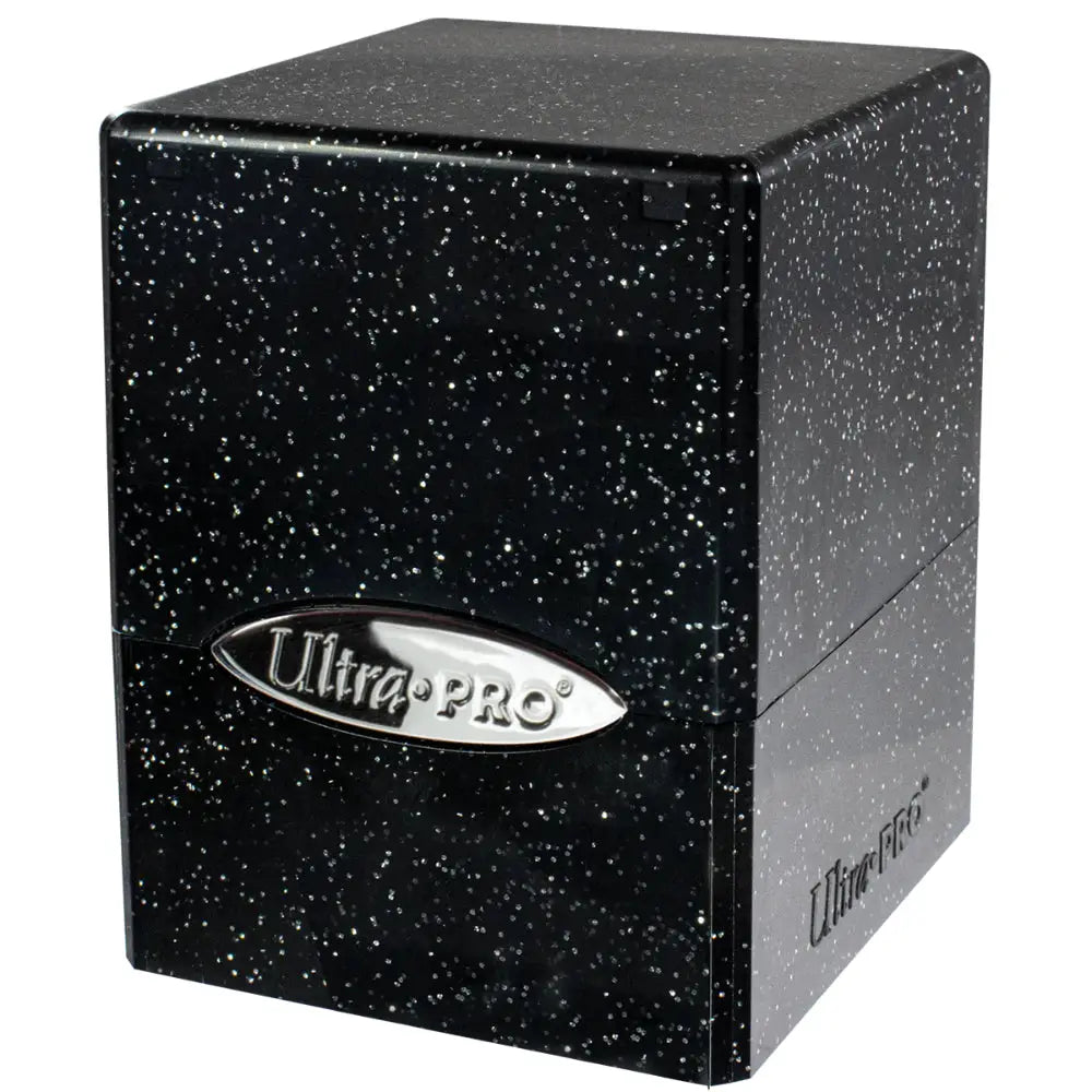 Black speckled ultra pro satin deck box with silver logo plaque designed for card game storage and protection